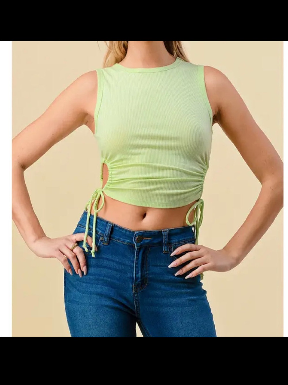 Sleeveless Ruched Tie-Side Crop Top - Light Green